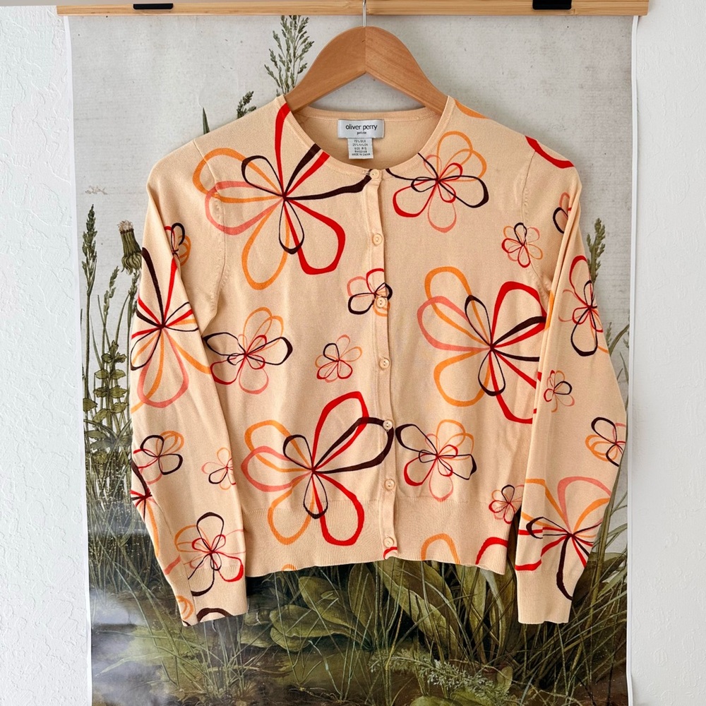 Floral Cardigan in Cream, Red, and Orange